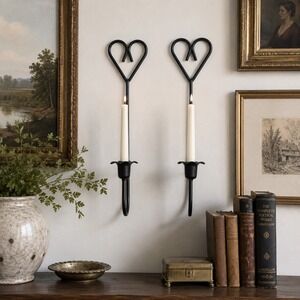 Vintage Black Metal Heart Wall Candle Sconces Set of 2 Taper Holders 1990s